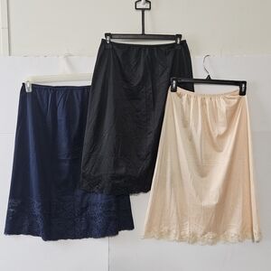 3 Half Slip Nylon Skirts Size S/M with Elastic Waist and Lace Trim Edging Black